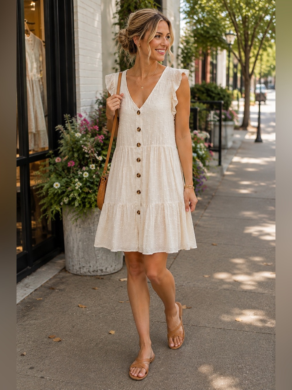 Altar’d State Ivory Swiss Dot Tiered Button Front Dress Size M